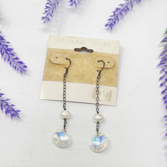 Vintage 925 Aurora Borealis & Genuine Pearl Dangle Earrings - Picture 1 of 4